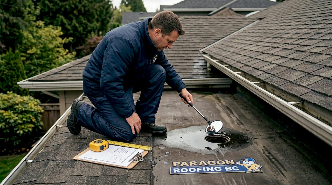 Roof technician checking drainage on BC roof