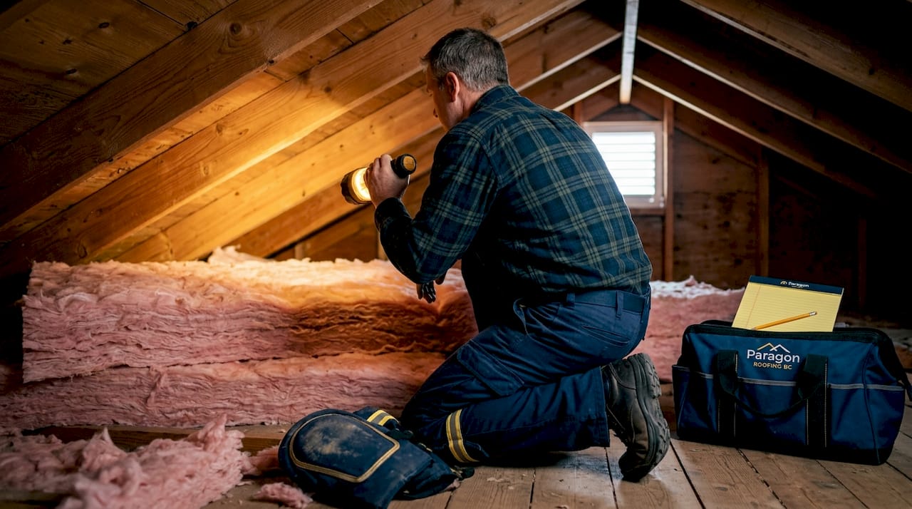 Roofing pro inspecting attic insulation layers