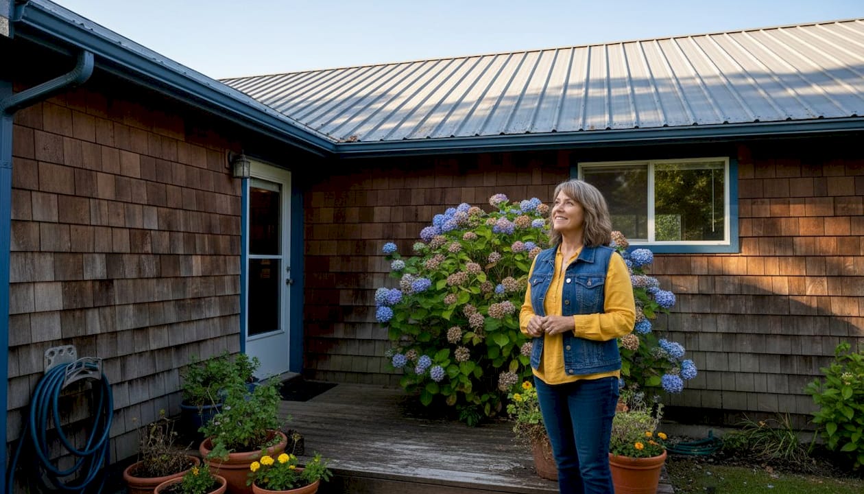 BC homeowner examining reflective roof exterior