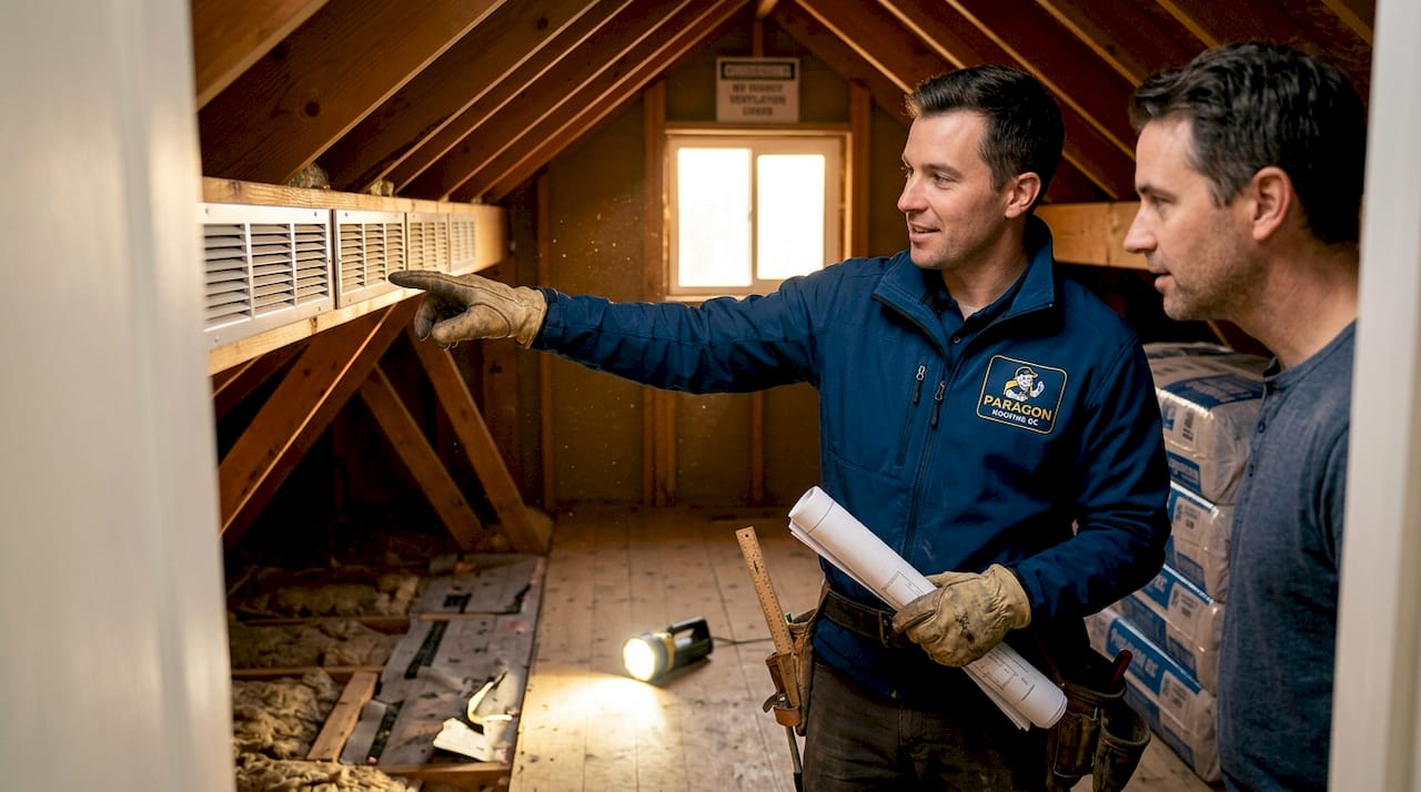Contractor explaining attic roof ventilation
