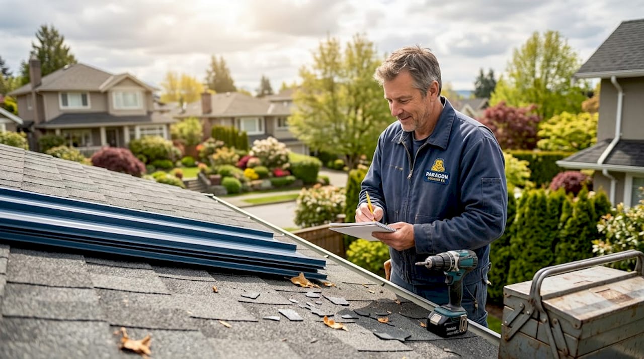 Roofer inspecting modern shingles on BC home