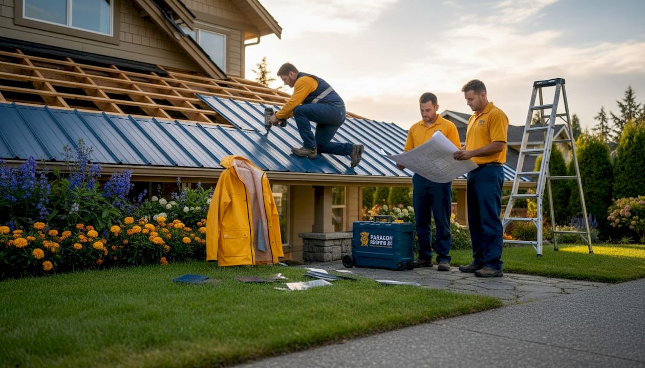 Crew installing metal roof on suburban house