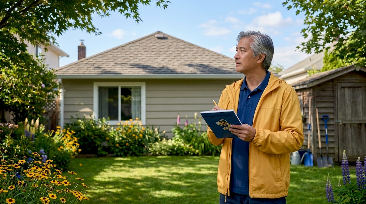 Homeowner inspecting architectural shingle roof