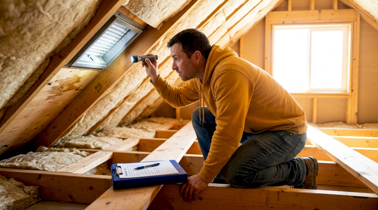 Roofer inspects attic roof ventilation