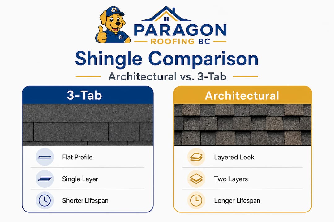 Infographic compares architectural and 3-tab shingles