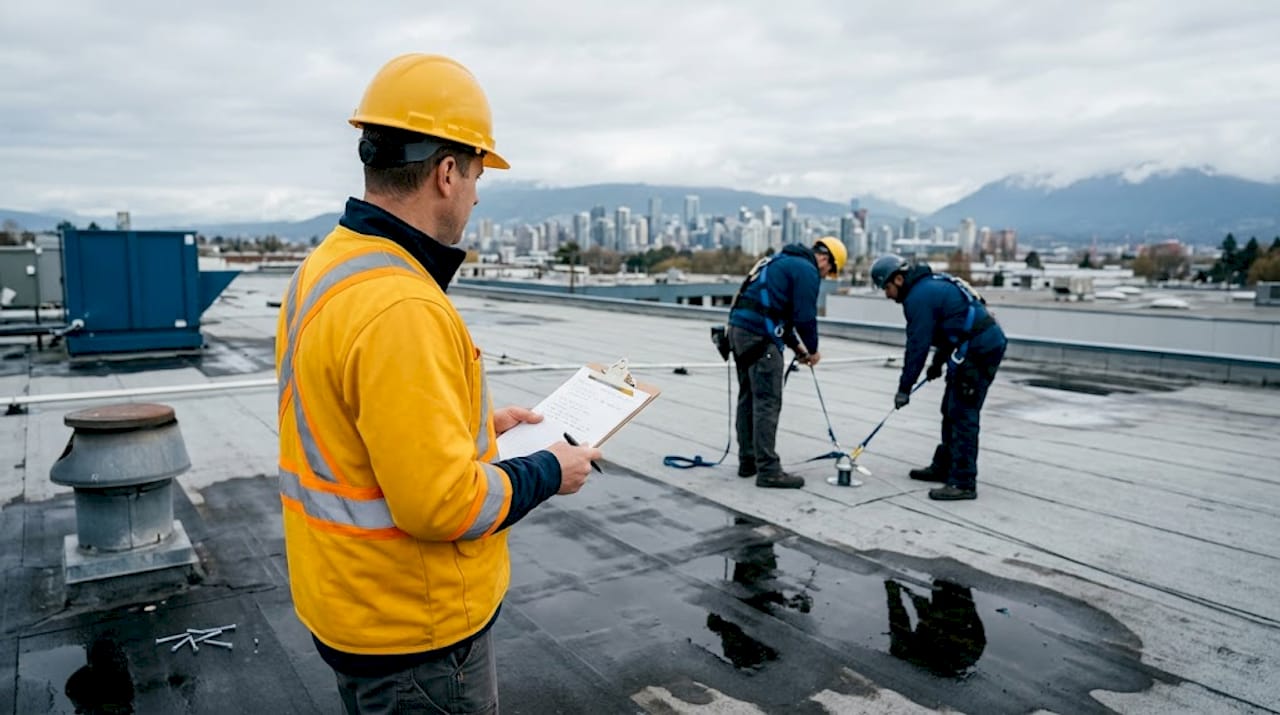 Supervisor observing roof safety inspection work