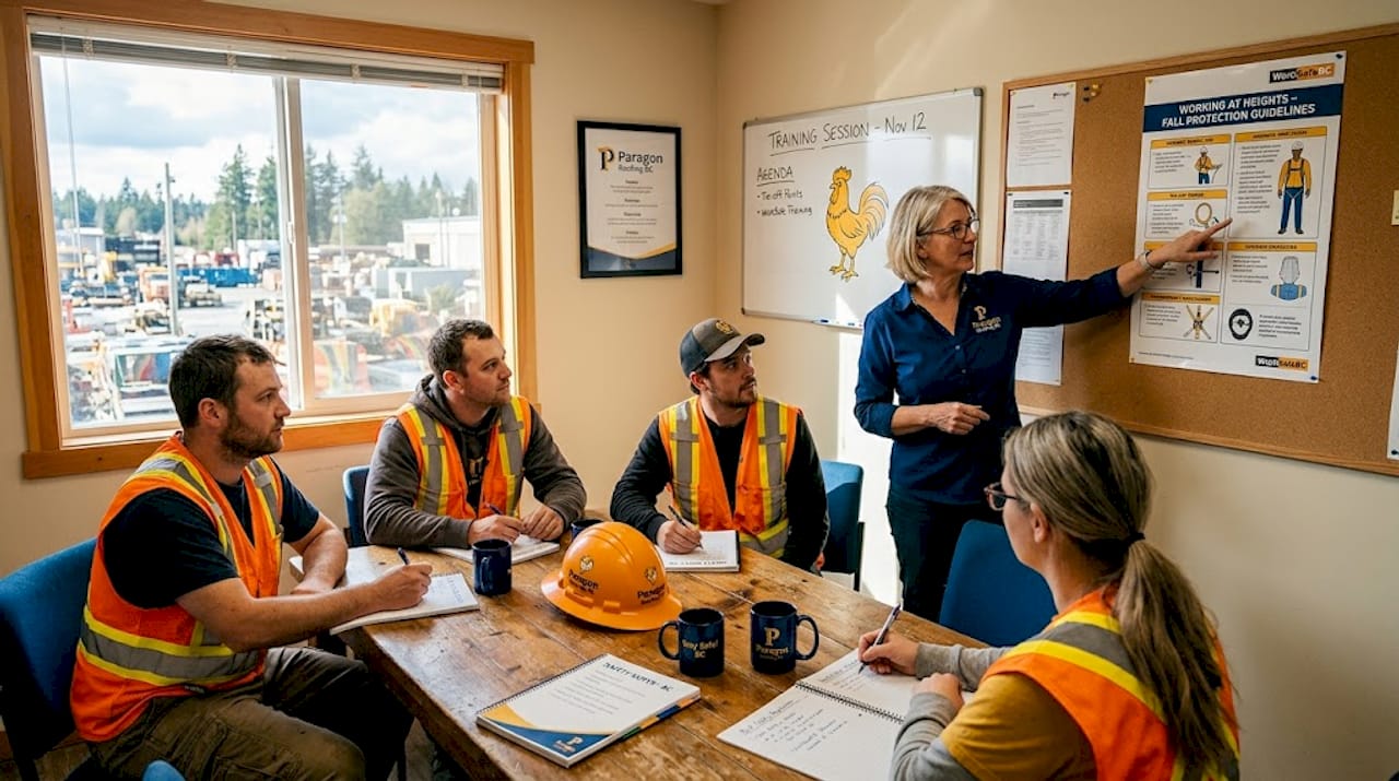Staff receiving roof safety training indoors