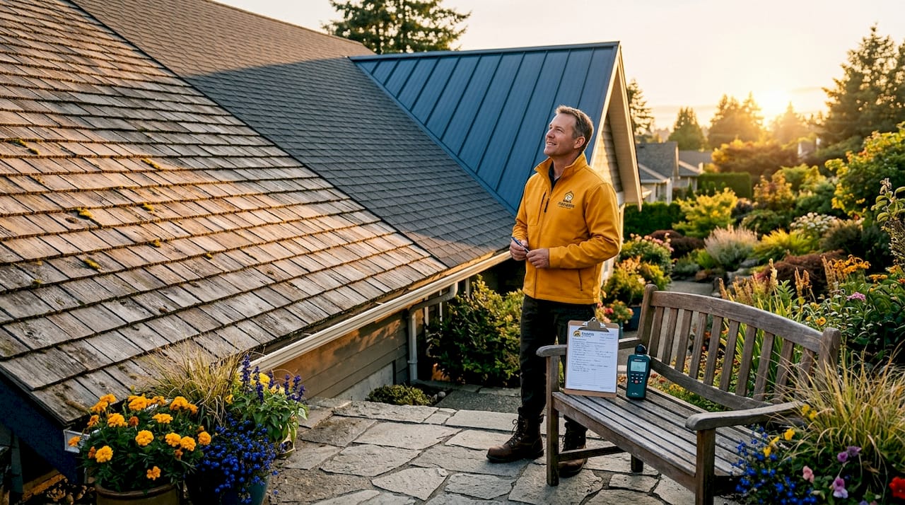 Inspector surveying cedar synthetic metal roof
