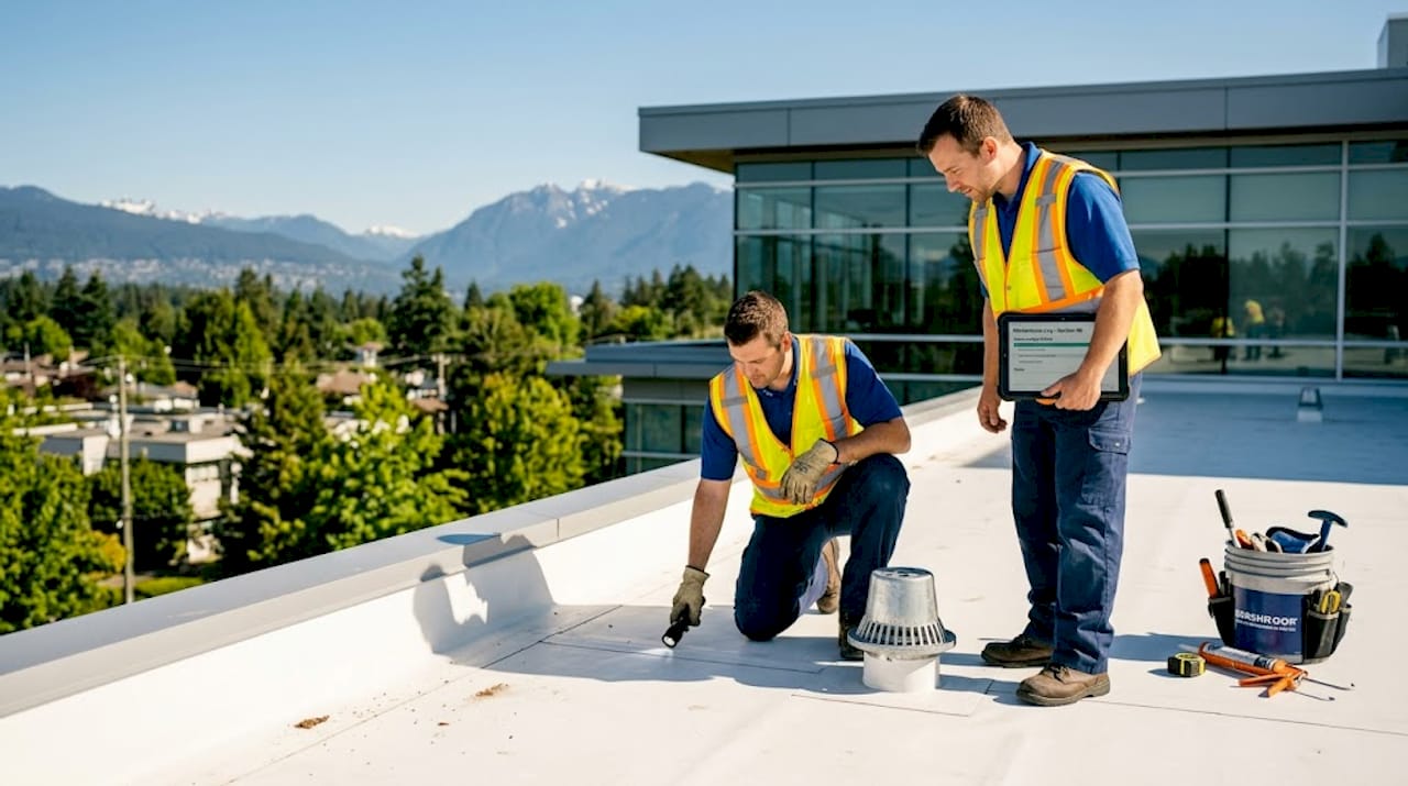 Inspectors examine wet commercial flat roof in Vancouver