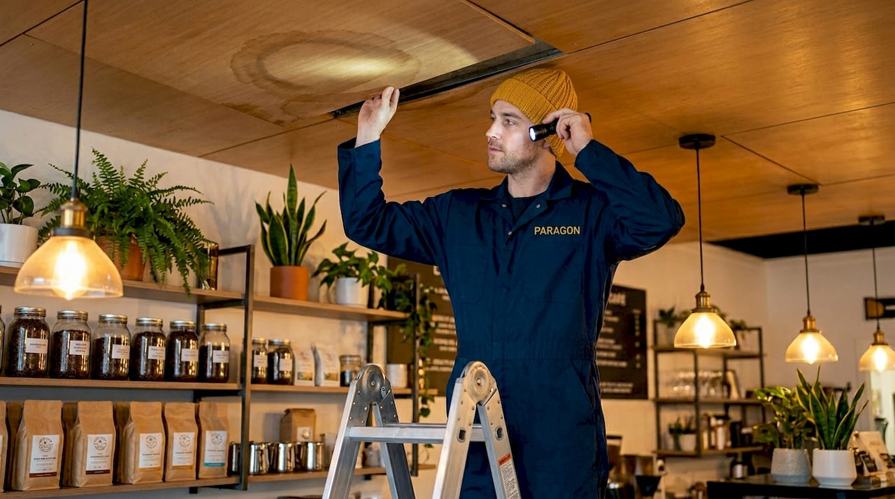 Technician inspects ceiling for commercial roof leak