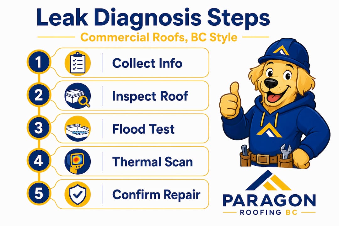 Infographic showing commercial roof leak diagnosis steps