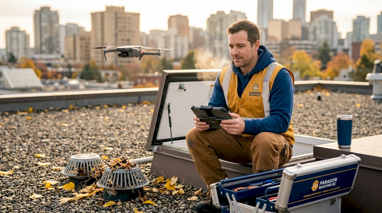 Technician using drone to inspect flat roof drains