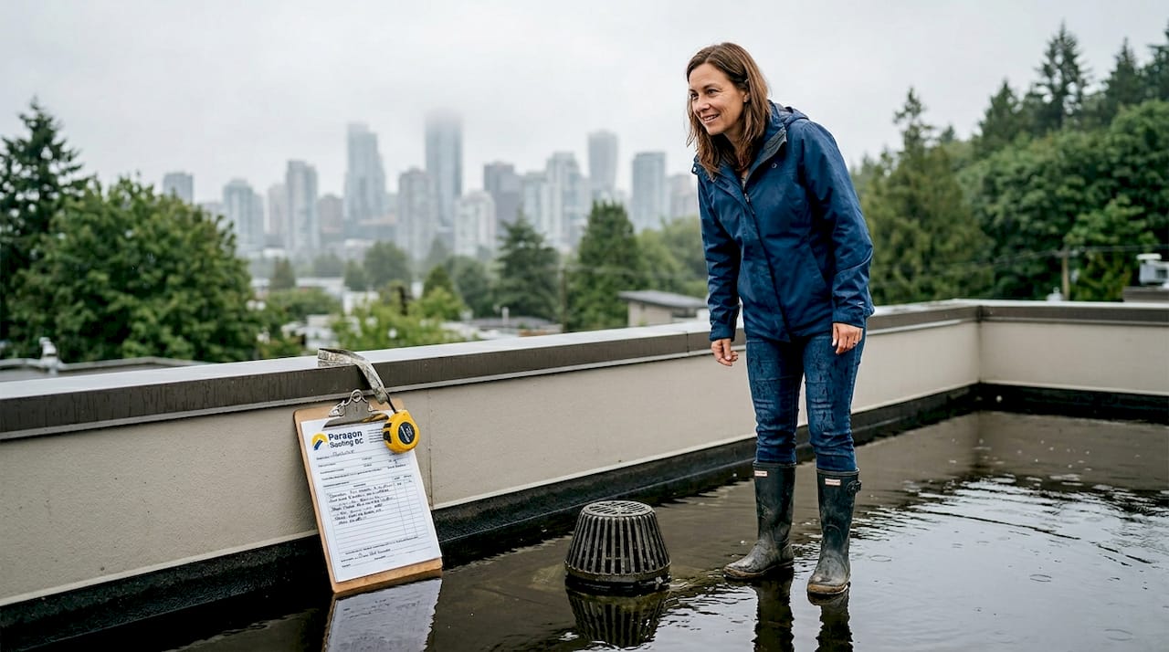 Property manager inspecting flat roof drainage after rain