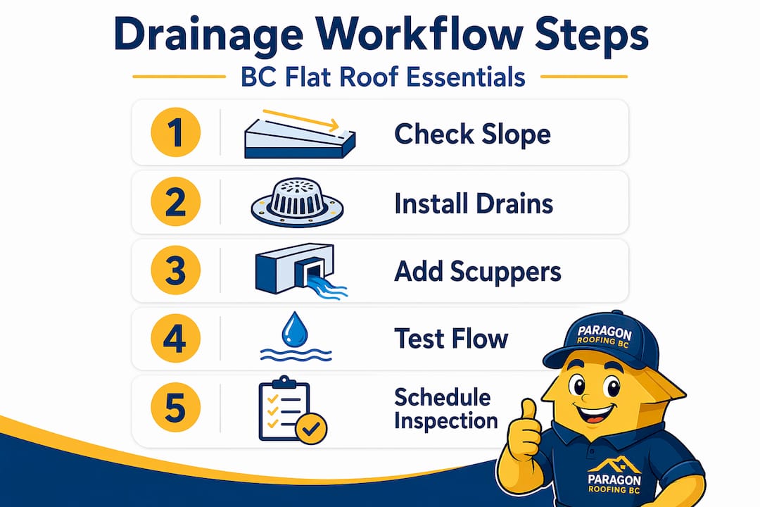 Infographic with five steps for flat roof drainage workflow