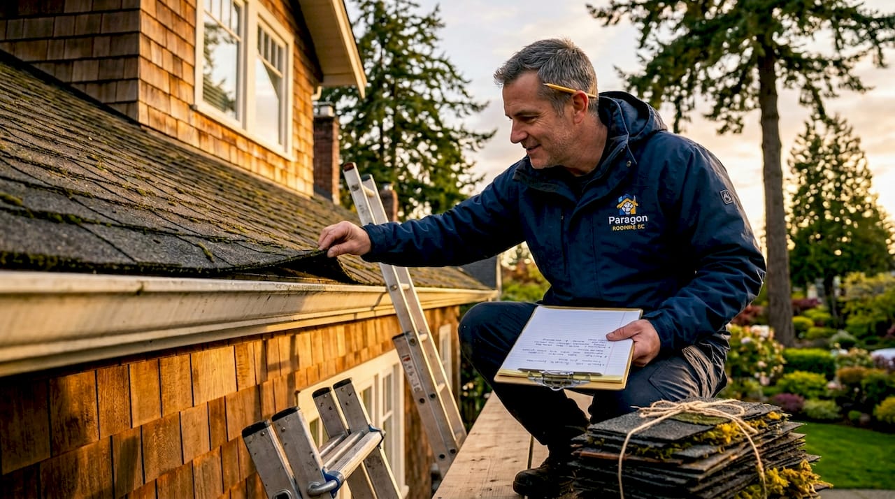Roof inspector examining BC home shingle details