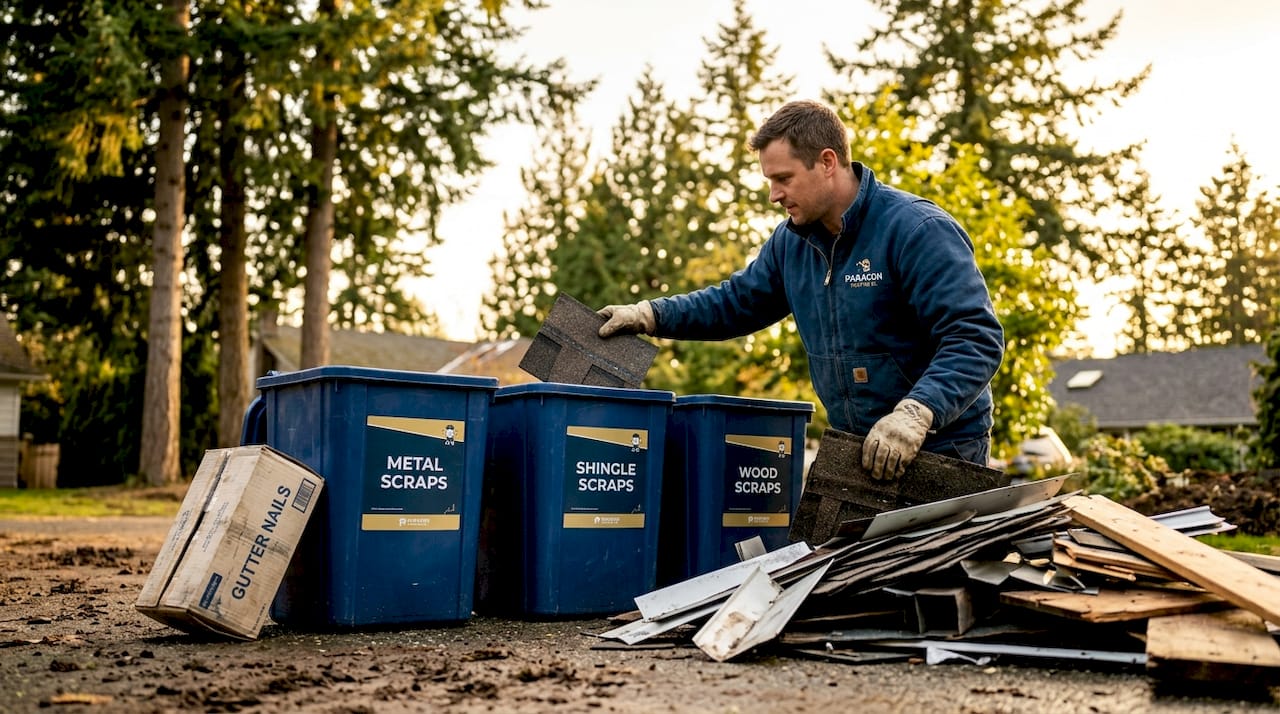 Worker sorting roofing debris for recycling