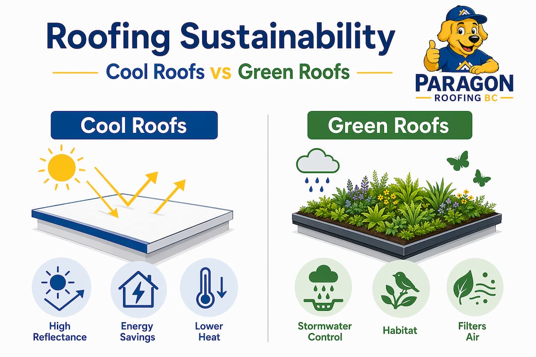 Infographic comparing cool and green roof benefits
