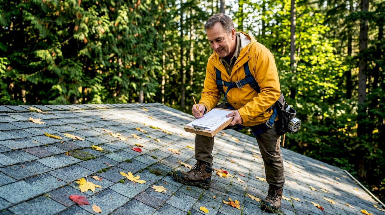 Roofer examines wet Vancouver residential roof