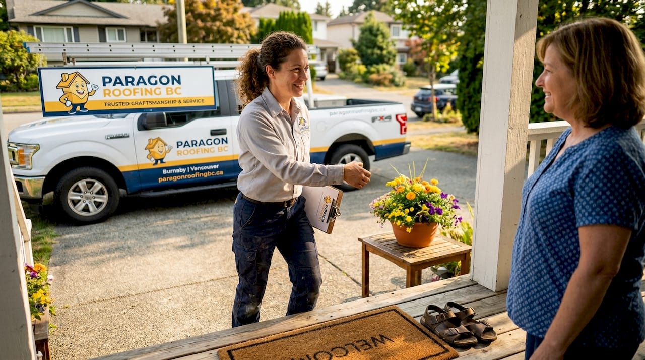 Roofer greets homeowner on rainy porch