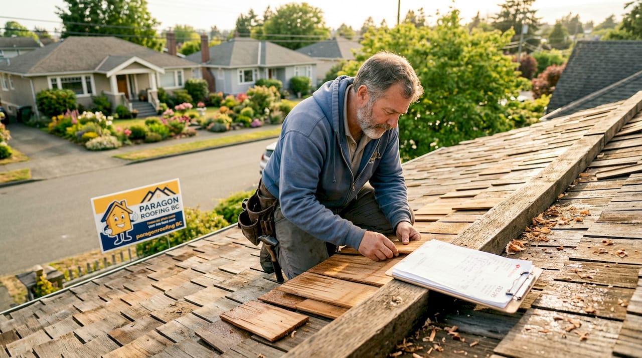 Roofer inspecting cedar shakes on Vancouver home