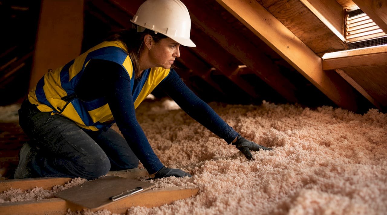 Contractor inspecting cold roof insulation in attic