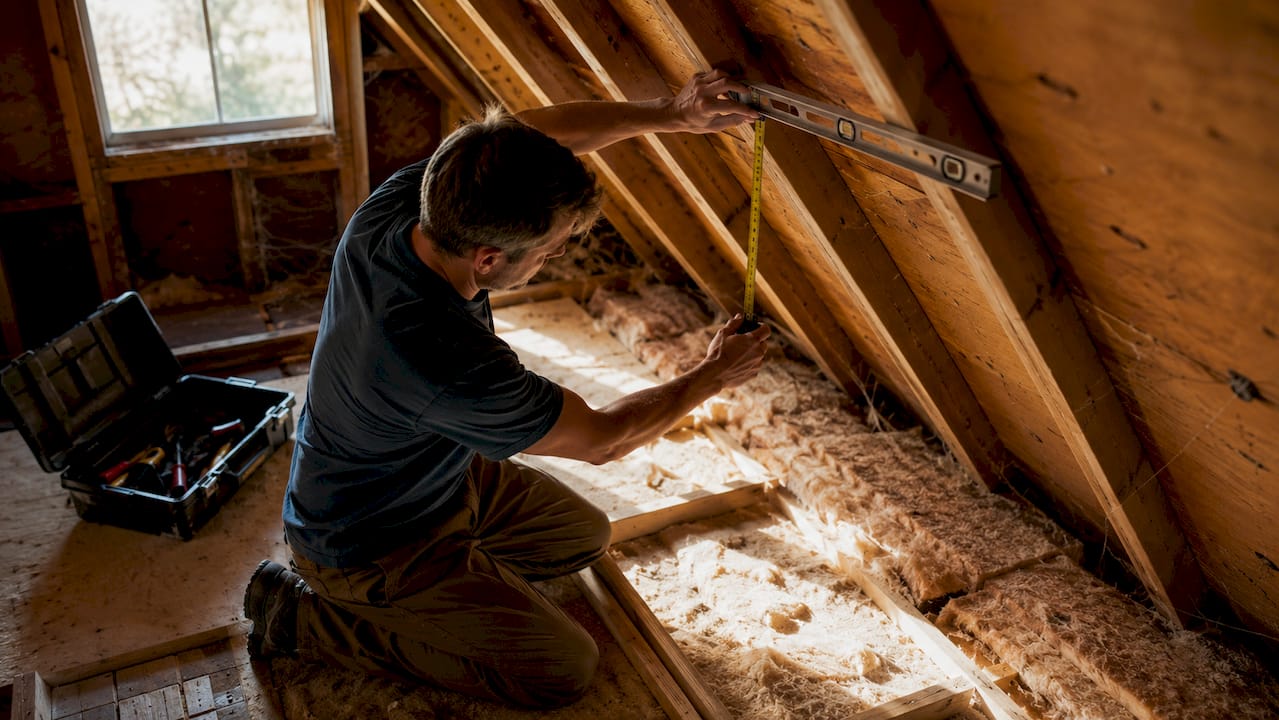 Homeowner measuring roof pitch inside attic