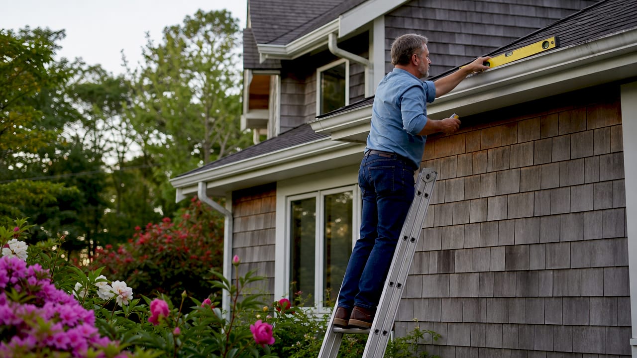 Homeowner measuring roof pitch outdoors on ladder