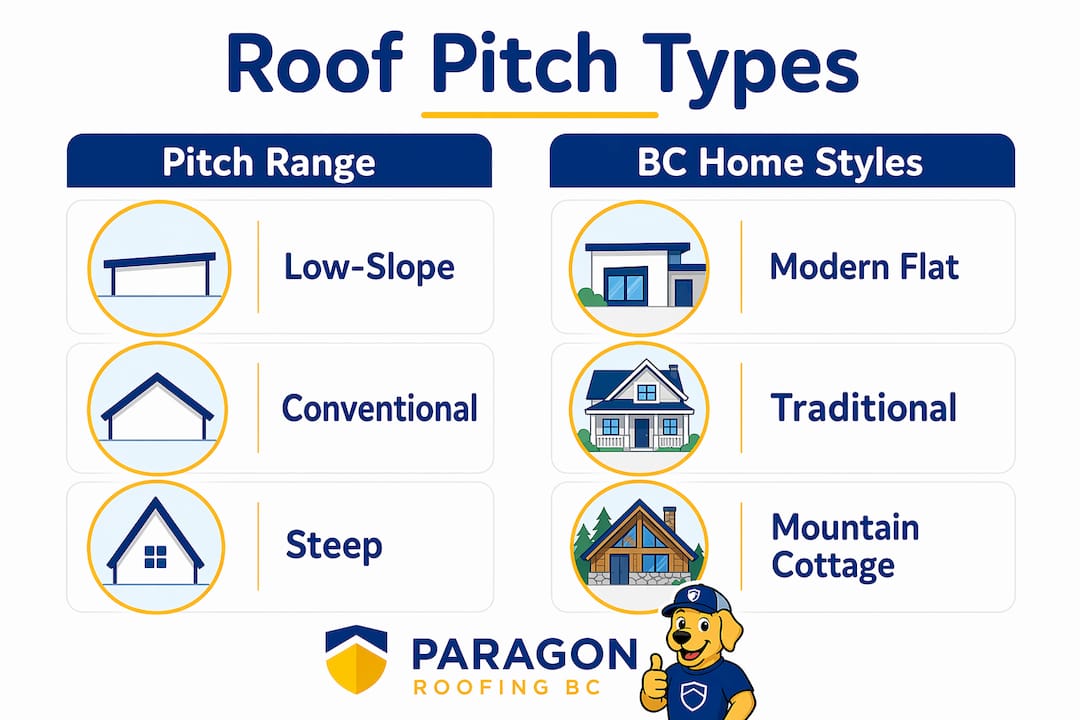 Infographic comparing roof pitch types and BC home styles