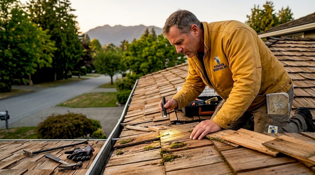 Roofing professional inspecting cedar shake roof