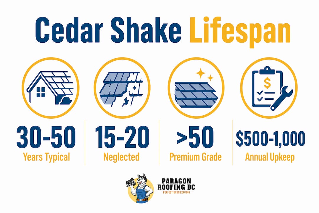 Infographic showing cedar shake roof lifespan statistics