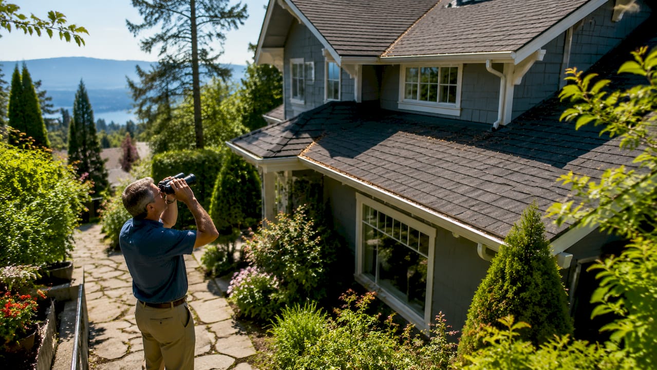 Homeowner inspecting roof for wind damage with binoculars