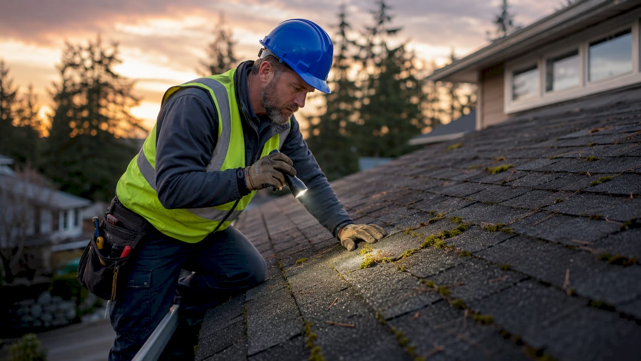 Roof inspector examining moss on shingles