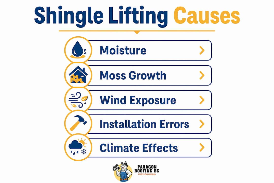 Infographic illustrating main causes of shingle lifting