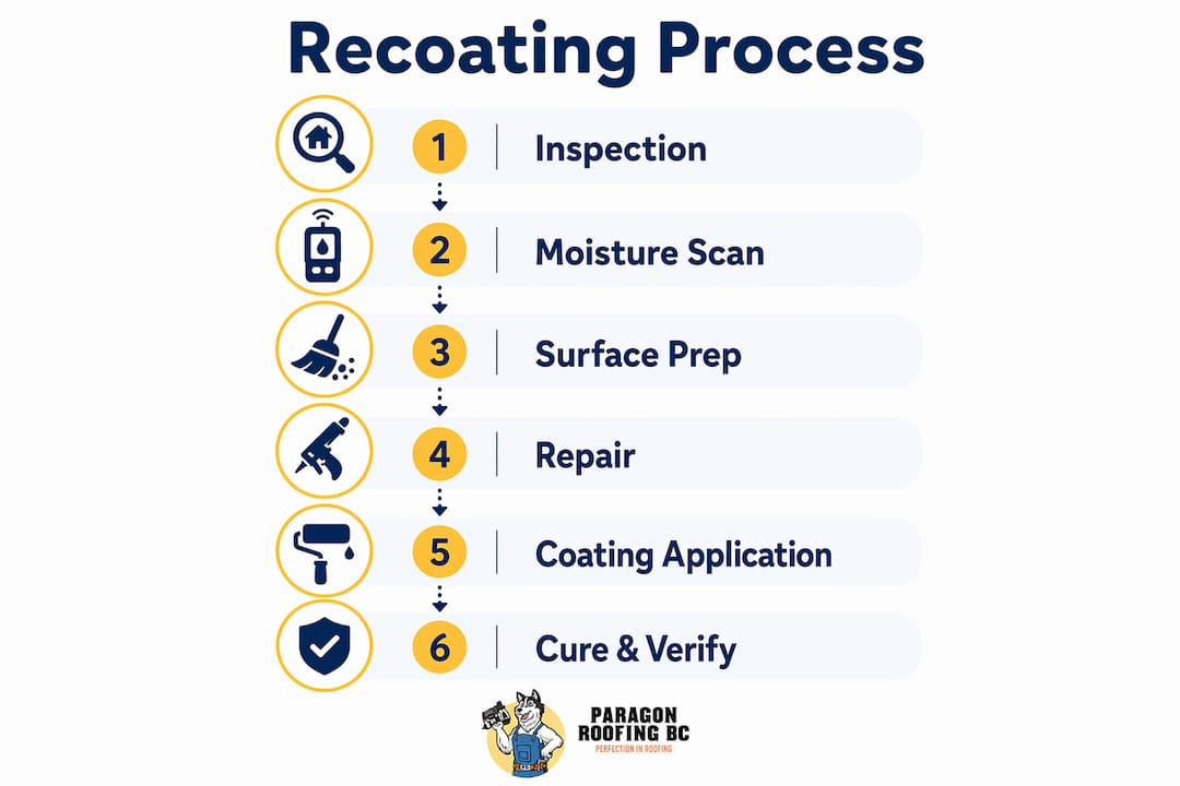 Infographic illustrating roof recoating process steps