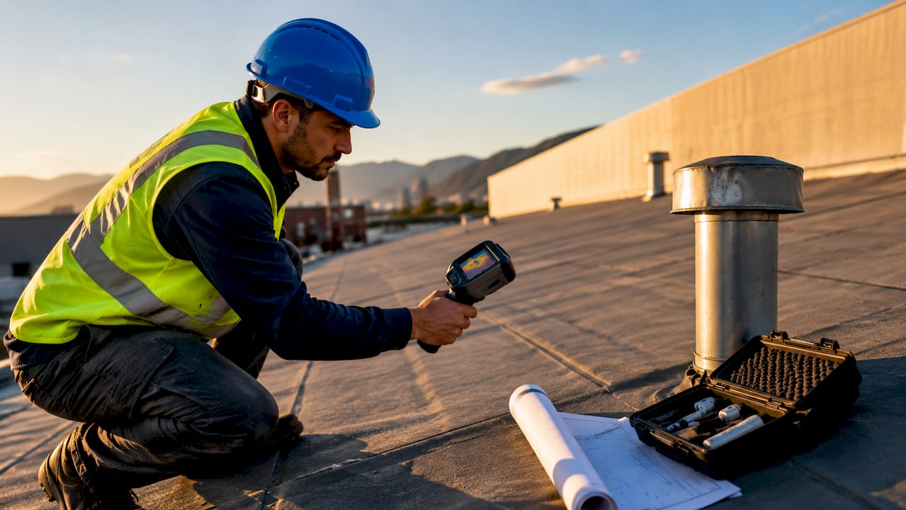 Technician using infrared scanner on flat roof