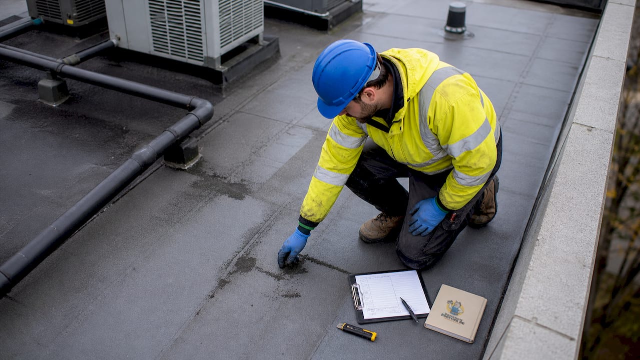 Roofer inspecting commercial roof leak spot