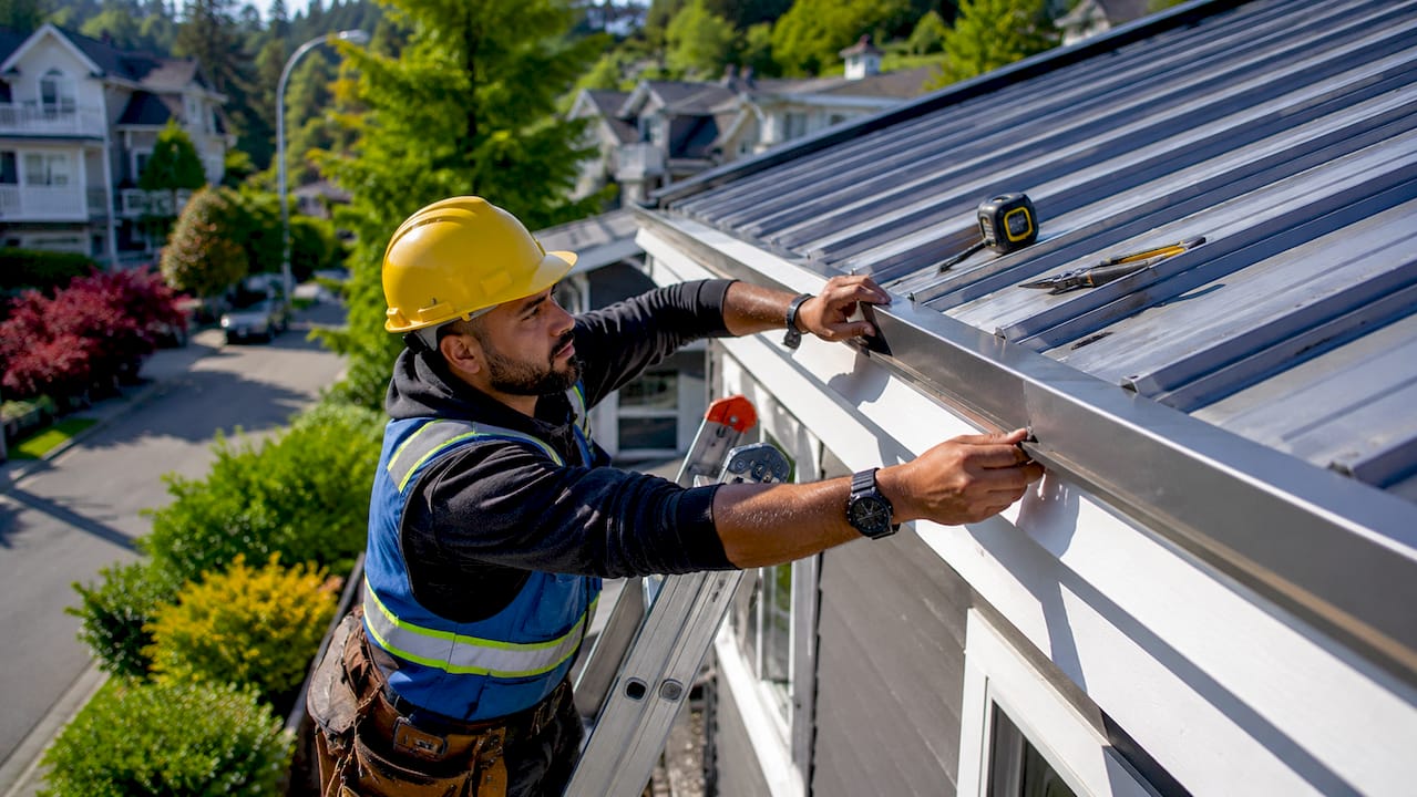 Contractor installing metal roof edge flashing