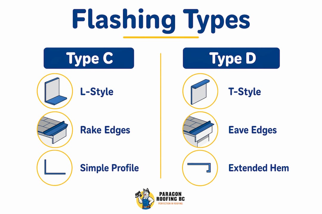 Infographic comparing Type C and Type D metal roof flashing