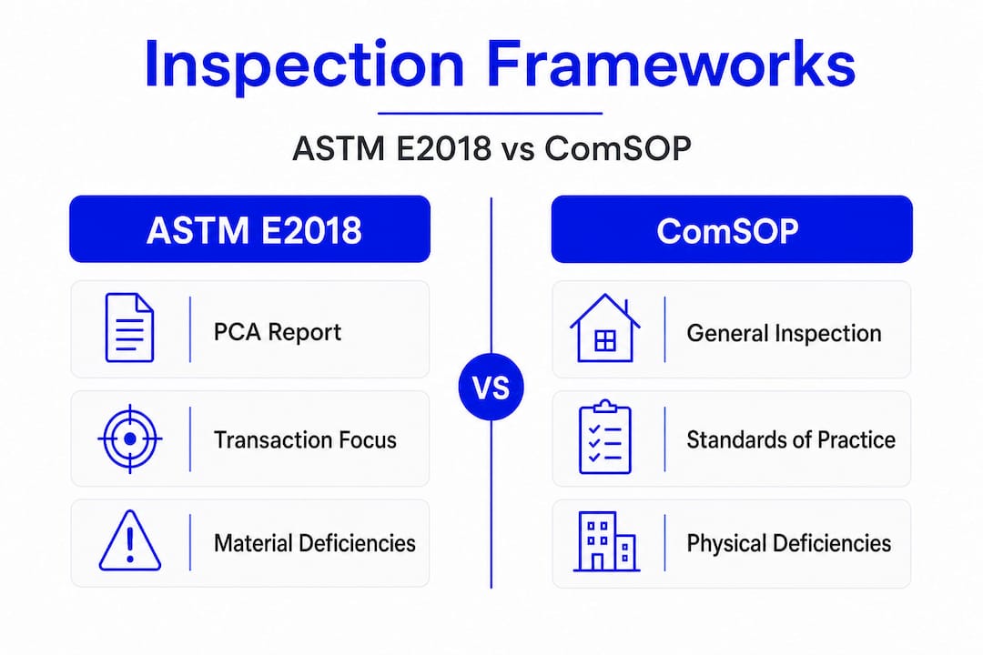 Infographic comparing ASTM E2018 and ComSOP inspection standards