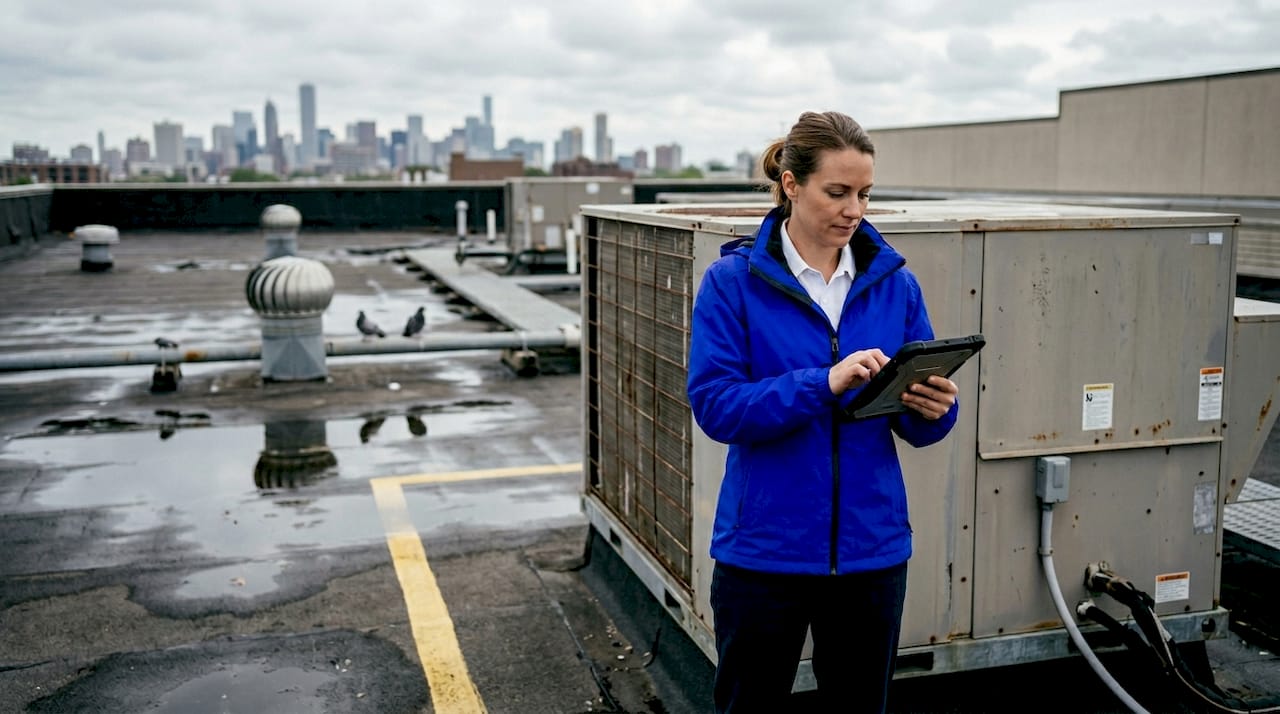 Facilities manager reviewing HVAC unit on rooftop