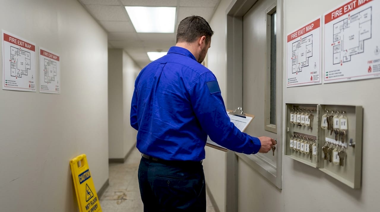 Inspector unlocking commercial utility room door