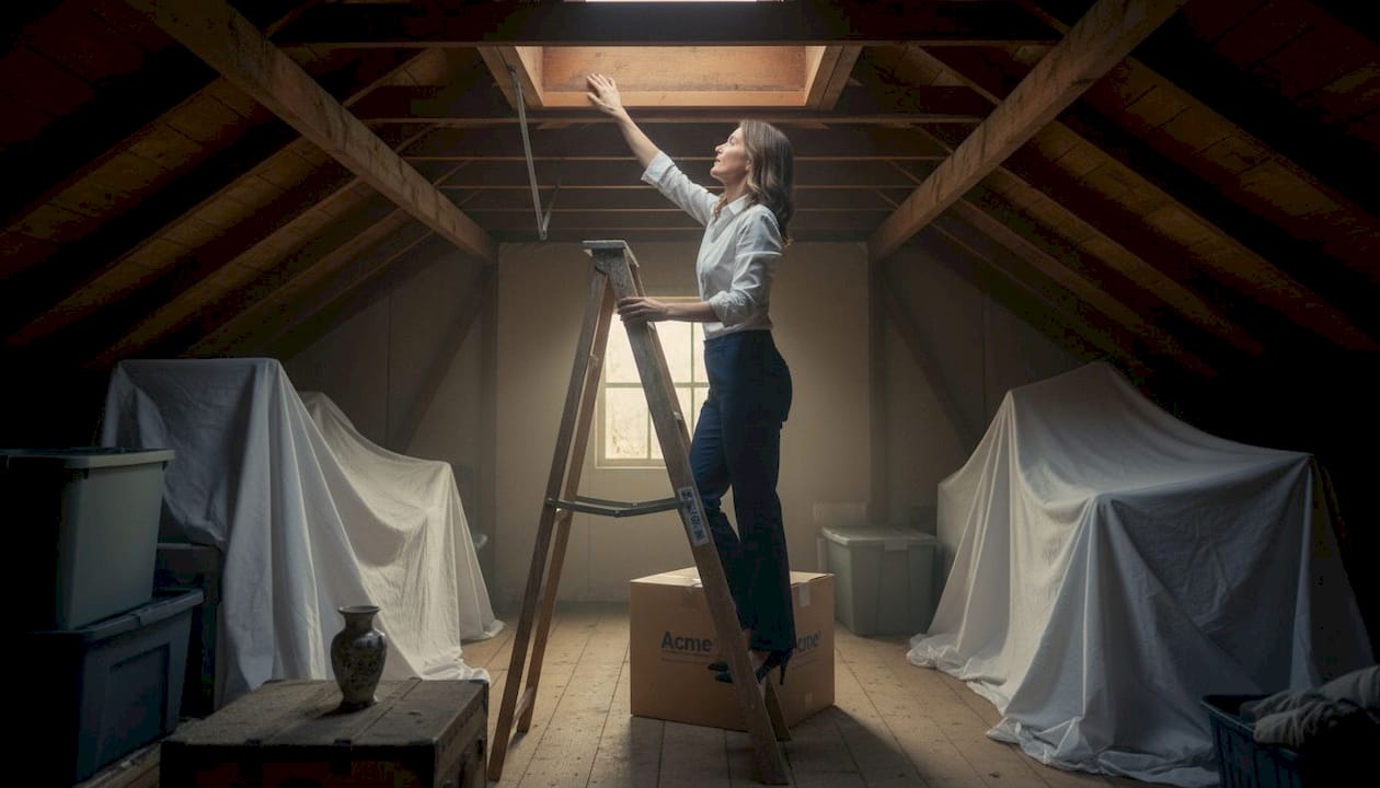 Homeowner testing attic access in cluttered garage