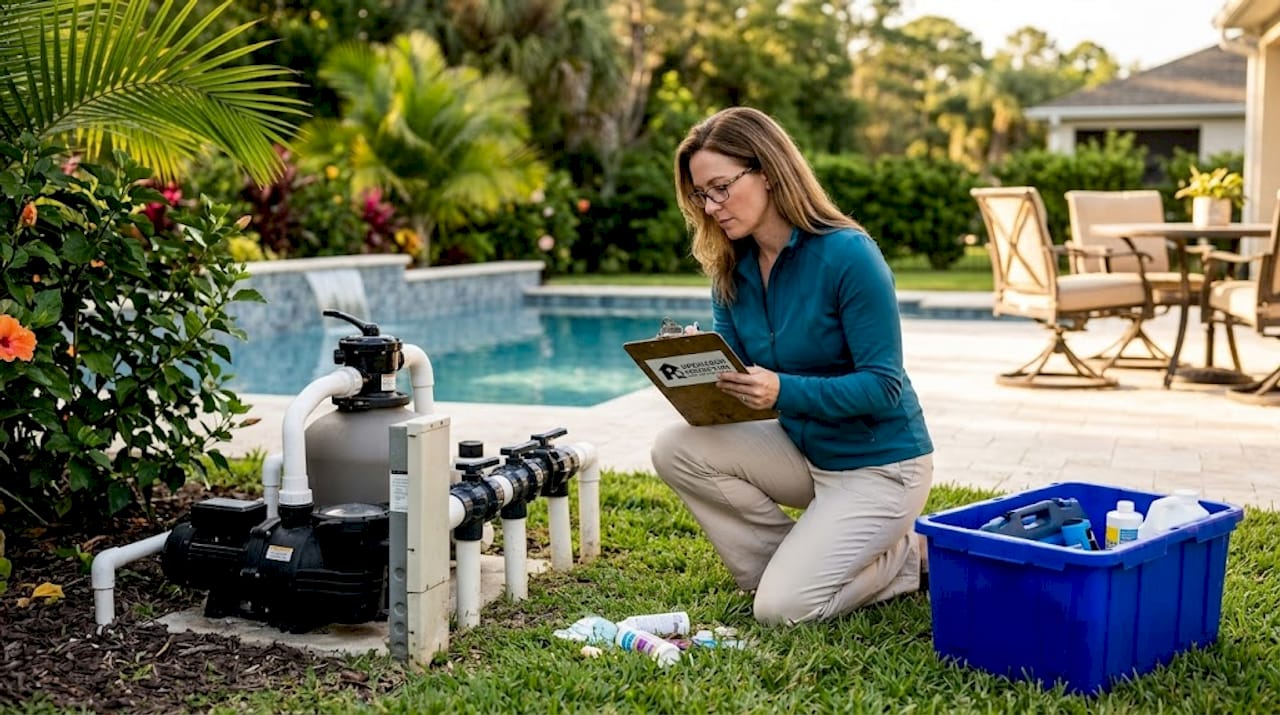 Inspector checking pool equipment in backyard