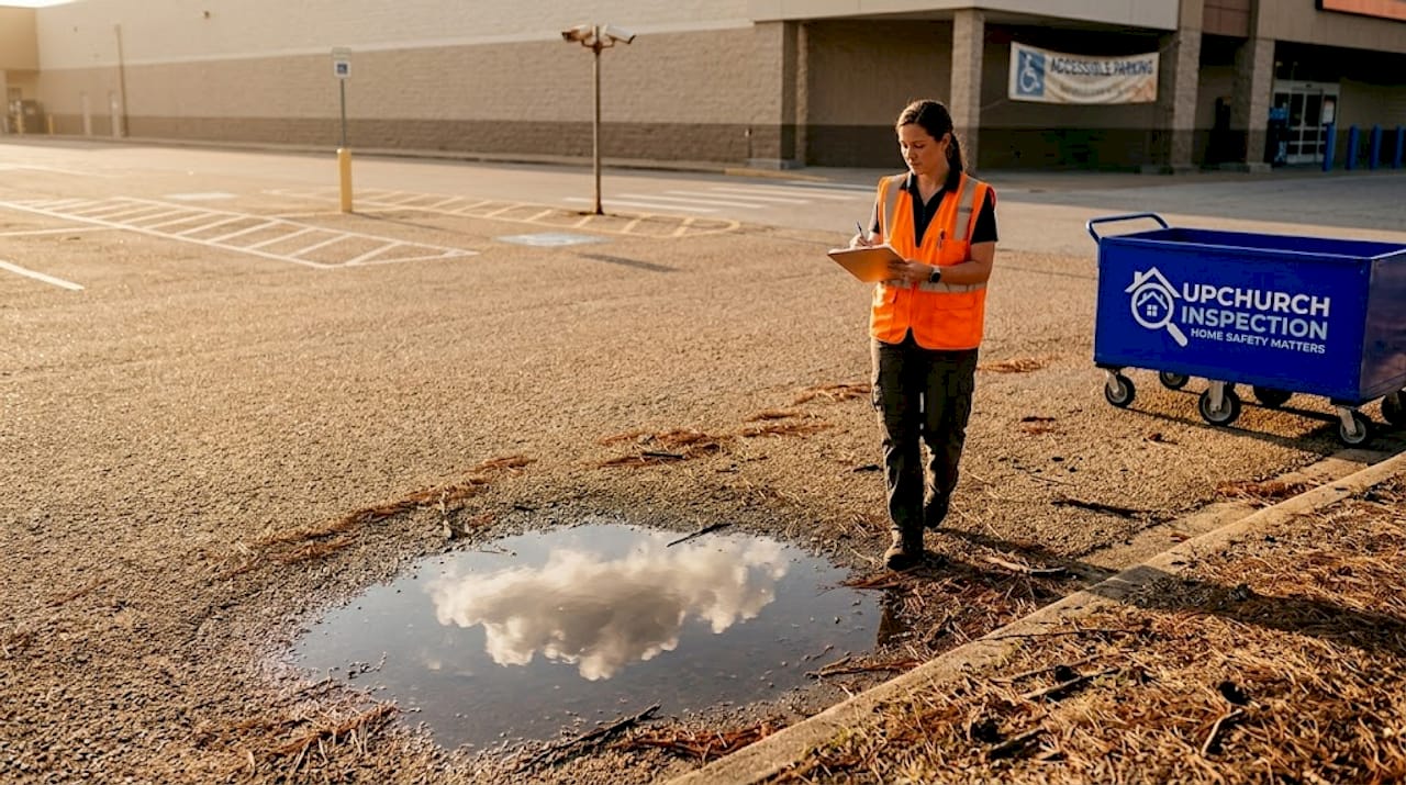 Supervisor inspecting parking lot in autumn