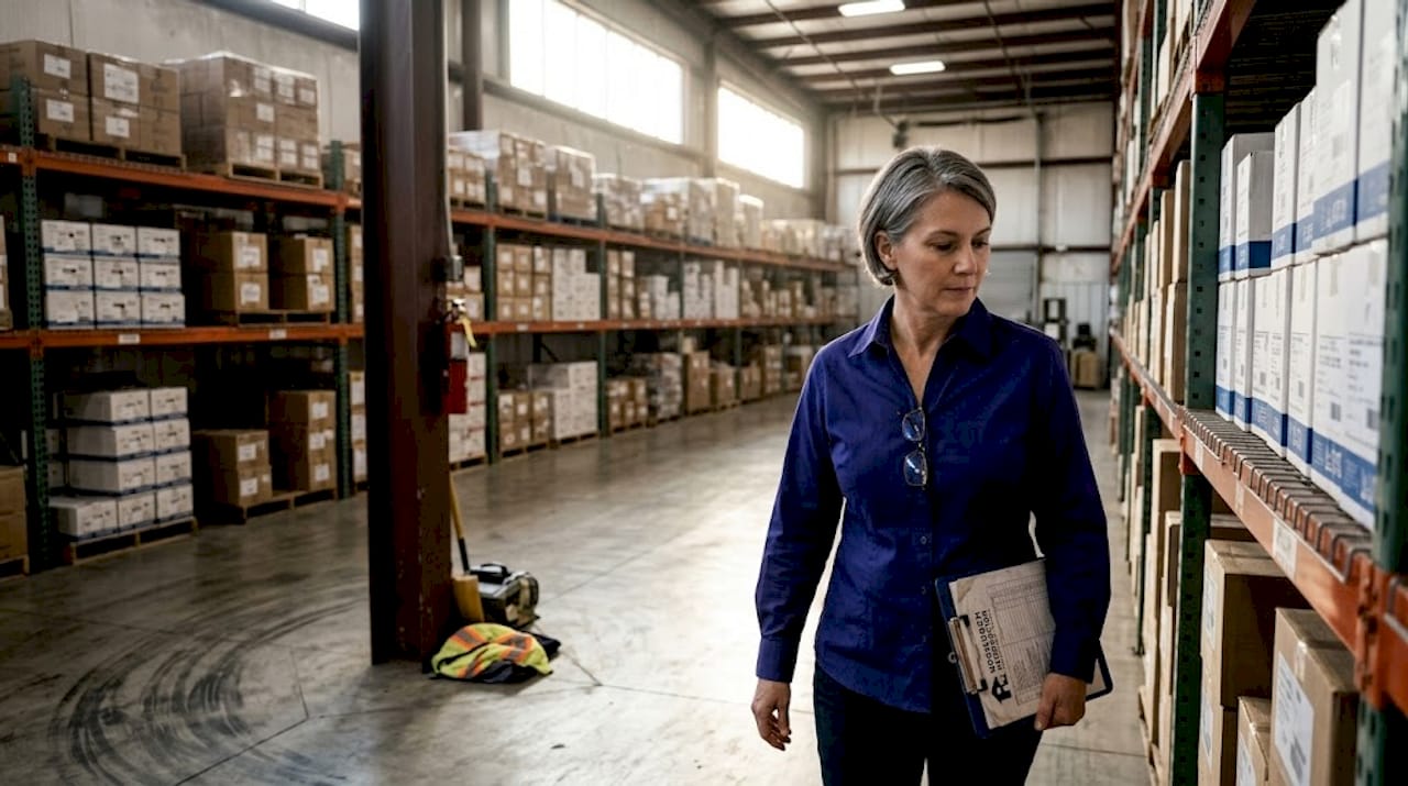 Manager carrying checklist during warehouse walkthrough