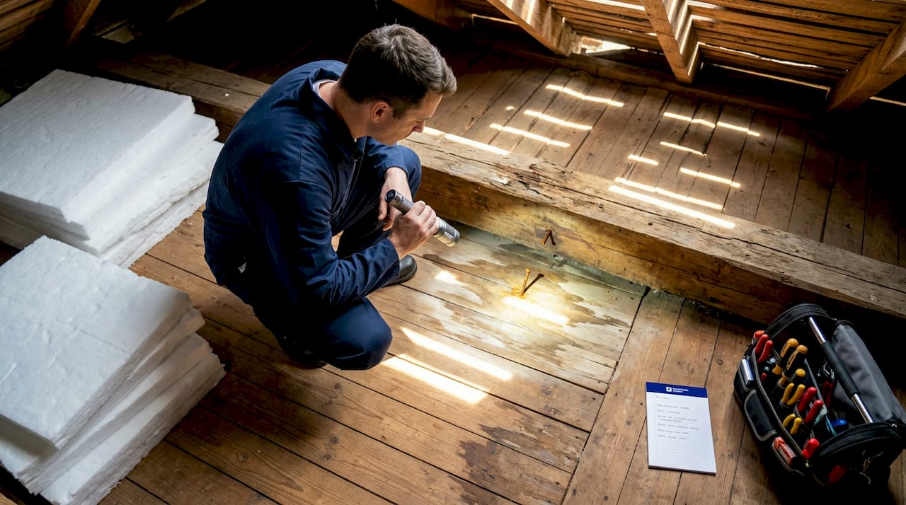 Worker inspects water damage in attic