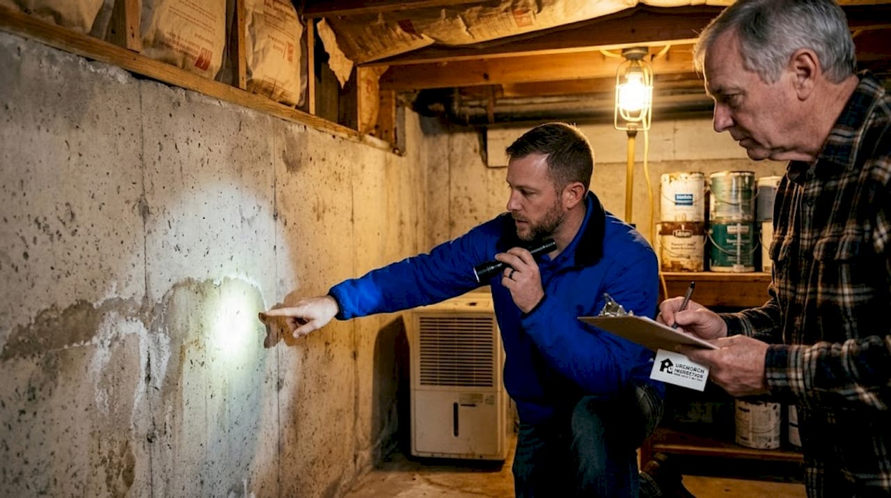 Inspector shows water stains in basement