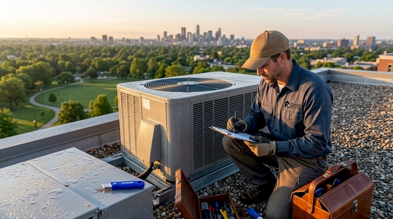 Inspector checking HVAC unit on building roof