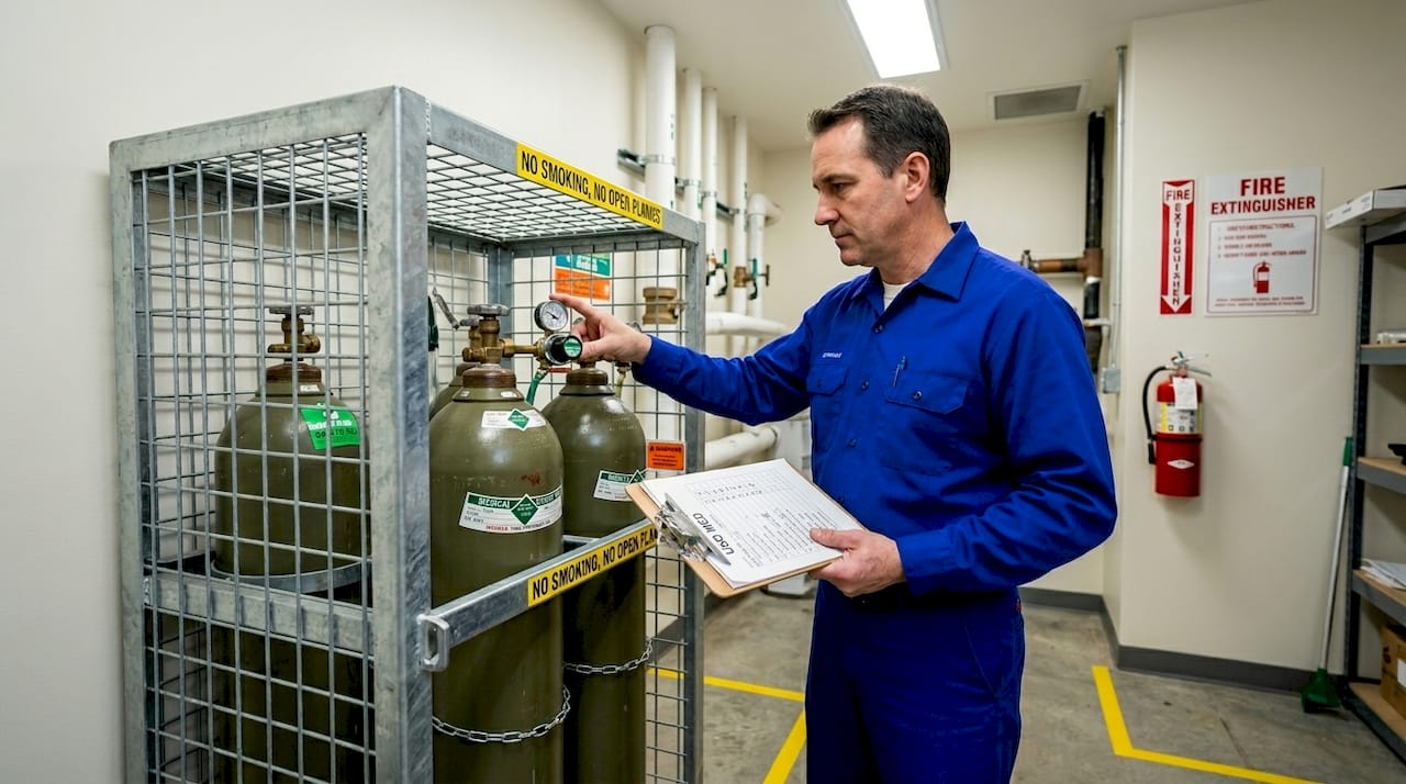 Worker checking medical gas tank safety
