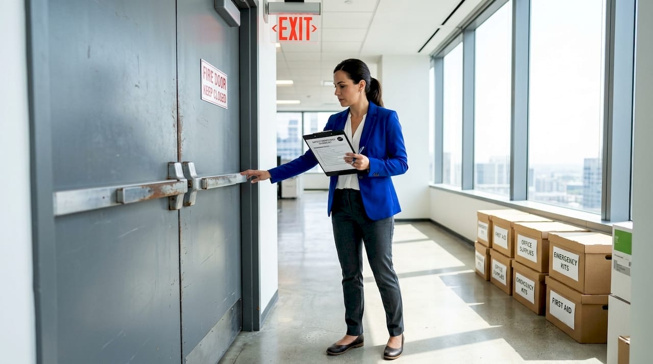 Safety consultant auditing office hallway fire door